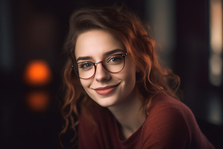 Young Caucasian woman with eye glasses portrait looking at camera and smiling. Generative AIの素材