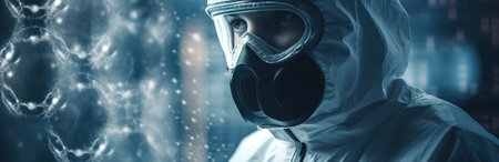 Scientist wearing full protective suit and mask. High risk new investigations. Generative AIの素材