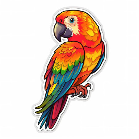 Cartoon sticker of colorful Scarlet macaw over white background. Generative AI illustrationの素材