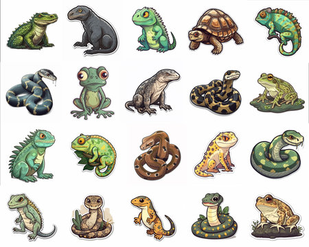 Stickers of reptiles on white background. Generative AI illustrationの素材