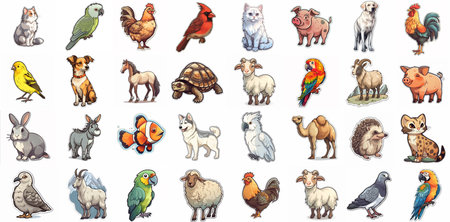 Collage of huge variety of cartoon stickers of domestic animals over white background. Generative AI illustrationの素材