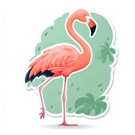Colorful cartoon sticker of Flamingo over white background. Generative AI illustrationの素材