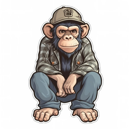Cartoon sticker of a Cool dressed Chimpanzee over white background. Generative AI illustrationの素材