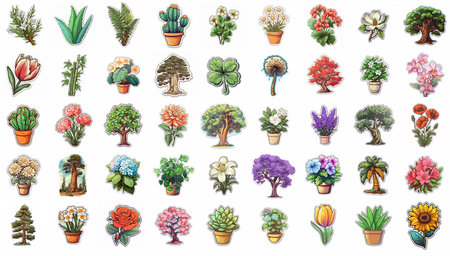Collage of cartoon stickers of variety of plants and trees over white background. Generative AIの素材