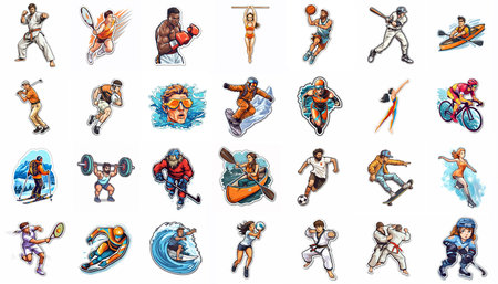 Collage of cartoon stickers of different sports people over white background. Generative AIの素材