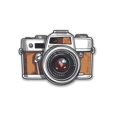 Cartoon sticker of a vintage analog camera over white background. Generative AI illustrationの素材