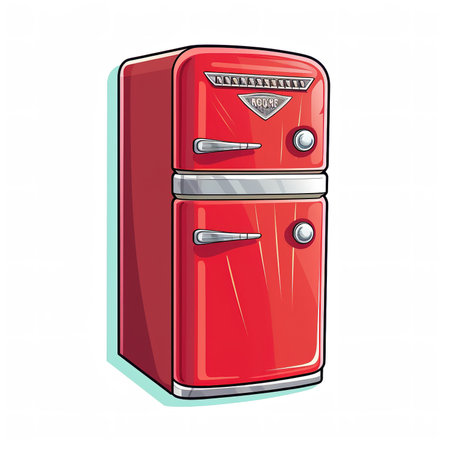Cartoon sticker of a vintage red refrigerator over white background. Generative AI illustrationの素材