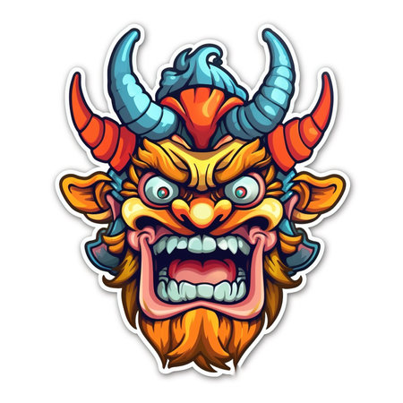 Cartoon sticker of an oriental carnival mask refrigerator over white background. Generative AI illustrationの素材
