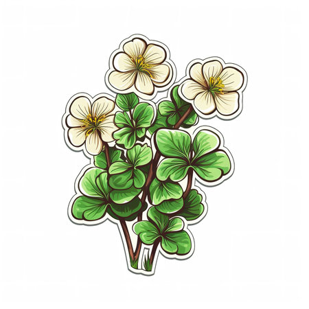 Cartoon sticker of a clover plant with flowers over white background. Generative AI illustrationの素材