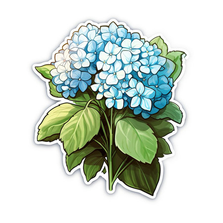 Cartoon sticker of a Hydrangea plant over white background. Generative AI illustrationの素材