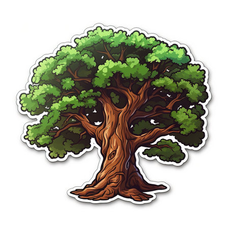 Cartoon sticker of an Oak tree over white background. Generative AI illustrationの素材