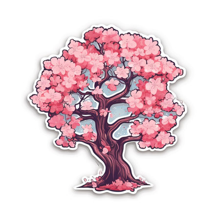 Cartoon sticker of a sakura or Japanese cherry tree over white background. Generative AI illustrationの素材