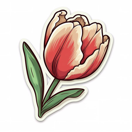 Cartoon sticker of a pink tulip over white background. Generative AI illustrationの素材