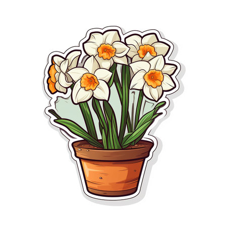 Cartoon sticker of a narcissus potted plant over white background. Generative AI illustrationの素材