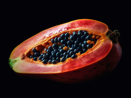 Pink papaya close up shot over dark background. Generative AIの素材