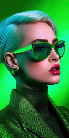 Colorful portrait of young woman wearing vibrant green suit and stylish sunglasses. Magazine cover style. Generative AI vertical shotの素材
