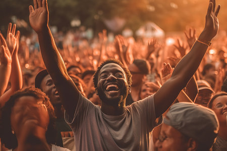 Euphoric young people at music festival in outdoors. Generative AIの素材