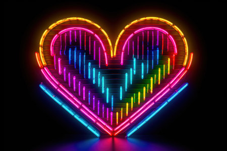 Colorful neon lights in the shape of a heart glowing over black background. Generative AIの素材