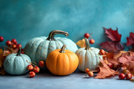 Selection of different pumpkins and fall leaves on a table over light blue studio shot background. Halloween banner concept. Generative AIの素材