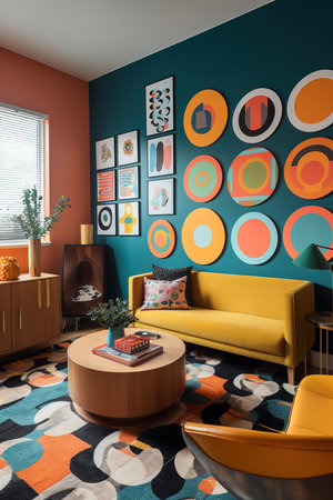 Home interior living room with colorful vintage art deco. Generative AI vertical shotの素材