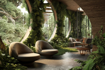 Biophilic interior design with natural harmony covered in plants and wooden furniture. Generative AIの素材