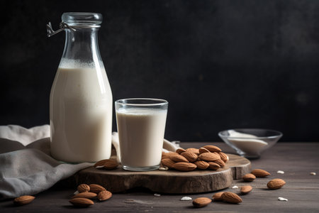 Fresh almond milk over dark background. Dairy free concept. Generative AIの素材