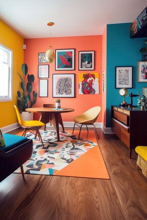Colorful retro home interior design in modern living room. Generative AI vertical shotの素材