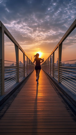 Back view of woman running in the distance on a bridge by amazing sunrise. Generative AI vertical shotの素材