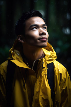 Young Asian man wearing yellow raincoat exploring the rainforest. Generative AI vertical shotの素材
