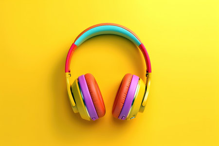 Pair of colorful modern headphones over plain yellow background. Generative AIの素材