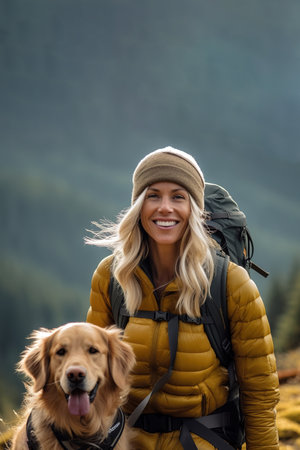 Caucasian woman hiking with her gulden retriever dog on the mountain. Generative AI vertical shotの素材