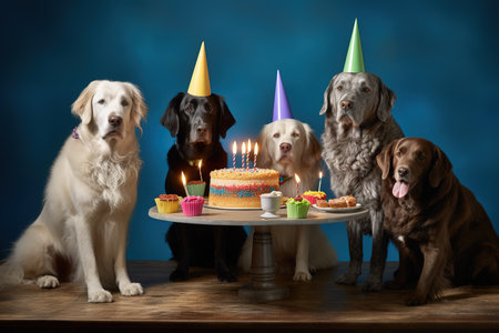 Group of dogs at dog party with birthday cake wearing birthday bonnets. Generative AIの素材