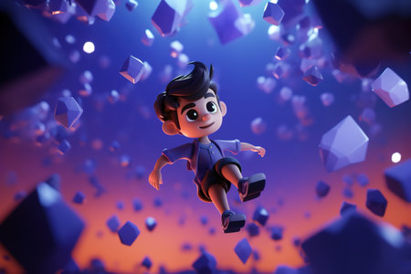 3D cartoon of boy floating over purple space with crystal. Video game concept. Generative AI illustrationの素材