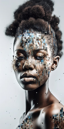 African woman portrait with pixel art concept. White background. Generative AI vertical shotの素材