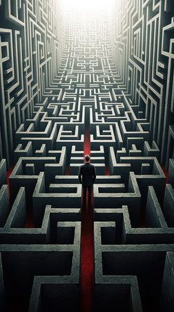 Man trapped in a maze. Concept illustration. Vertical Generative AIの素材