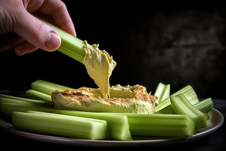 Hand dipping celery on delicious hummus over dark background. Healthy snack concept. Generative AIの素材