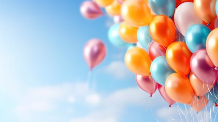 Colorful balloons floating in the sky, banner with copy space for text. Generative AIの素材