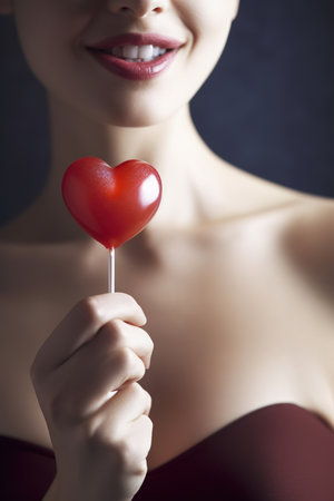 Close up shot of woman eating heart shaped lollipop. Generative Ai vertical shotの素材