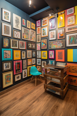 Vintage home interior design with colorful paintings and wooden furniture. Generative AI vertical shotの素材