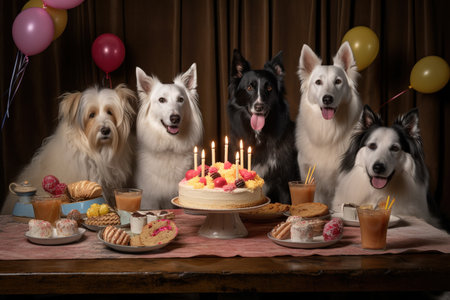 Adorable dog party with cake and balloons. Generative AIの素材
