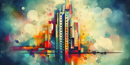 Colorful skyscraper city landscape. Digital art. Generative AIの素材