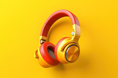 Pair of colorful yellow headphones over yellow background. Generative AIの素材