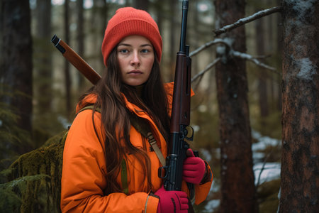 Young woman holding rifle in the woods during snowy winter. Haunting concept. Generative AIの素材