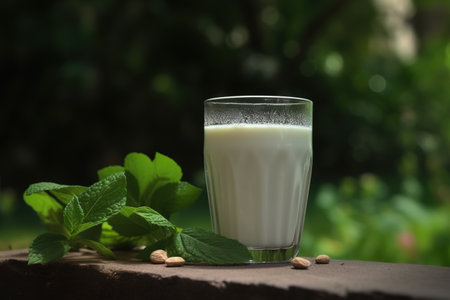 Glass of almond milk close up shot with green outdoors background. Generative AIの素材