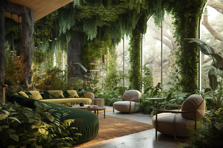 Biophilic interior design with modern wooden furniture. Generative AIの素材