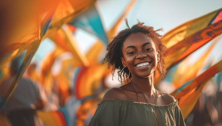 Smiling African American woman in outdoors festival. Generative AIの素材