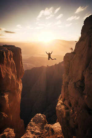 Silhouette of man jumping off a cliff into a mountain. Extreme sports concept. Generative AI vertical shotの素材