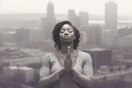 African American woman praying with the view of big city as background. Black and white photography. Generative AIの素材