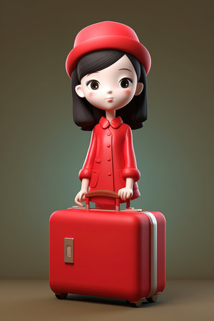3D cartoon character of woman traveler with red suitcase. Generative AI vertical illustrationの素材