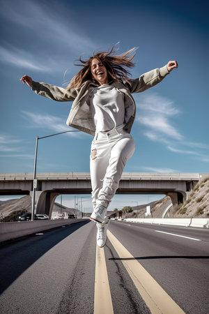 Cheerful woman walking and jumping on highway. Low angle view. Generative Ai vertical shotの素材